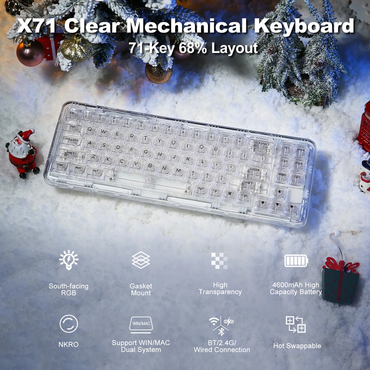 YUNZII X71 68% Layout Wireless BT/2.4G/USB-C Gasket Hot-Swap Transparent RGB Mechanical Gaming Keyboard with Clear Keycaps