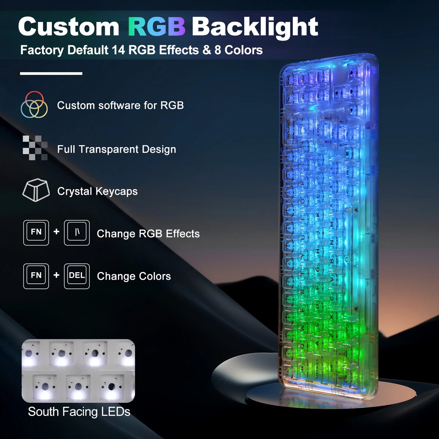 YUNZII X71 68% Layout Wireless BT/2.4G/USB-C Gasket Hot-Swap Transparent RGB Mechanical Gaming Keyboard with Clear Keycaps