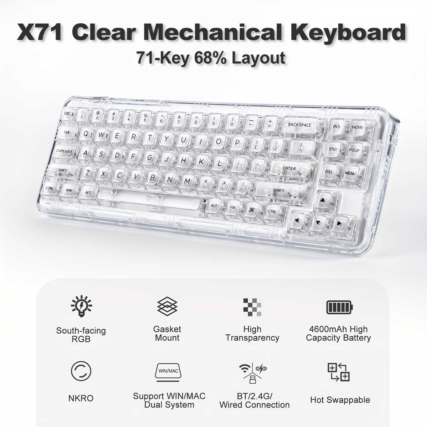 YUNZII X71 White Transparent Mechanical Keyboard With Clear Keycaps, BT5.0/2.4G/USB-C Wired Gaming Keyboard 68% Layout 71 Keys, Gasket Mount Wireless RGB Keyboard For Win/Mac