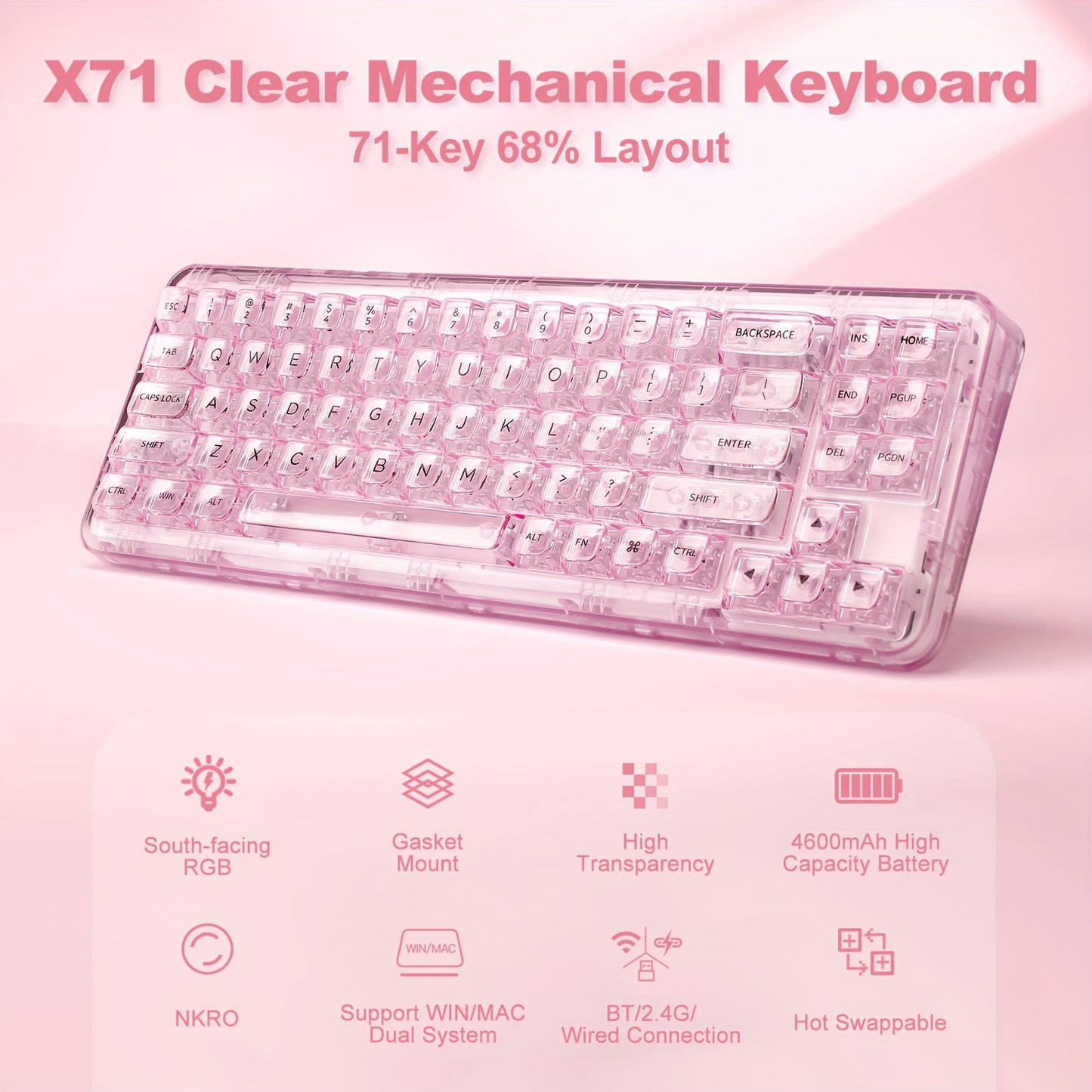 YUNZII X71 Pink Transparent Mechanical Keyboard With Clear Keycaps, BT5.0/2.4G/USB-C Wired Gaming Keyboard 68% Layout 71 Keys, Gasket Mount Wireless RGB Keyboard For Win/Mac