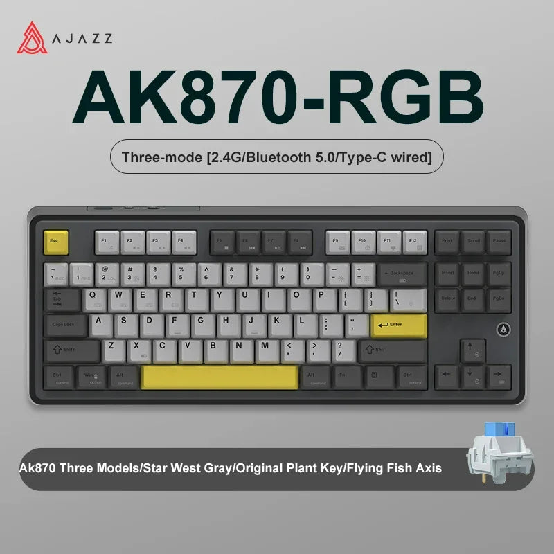 AJAZZ AK870 Tri-Mode RGB Bluetooth 2.4Ghz Wireless Gaming Mechanical Keyboard Hot Swappable 