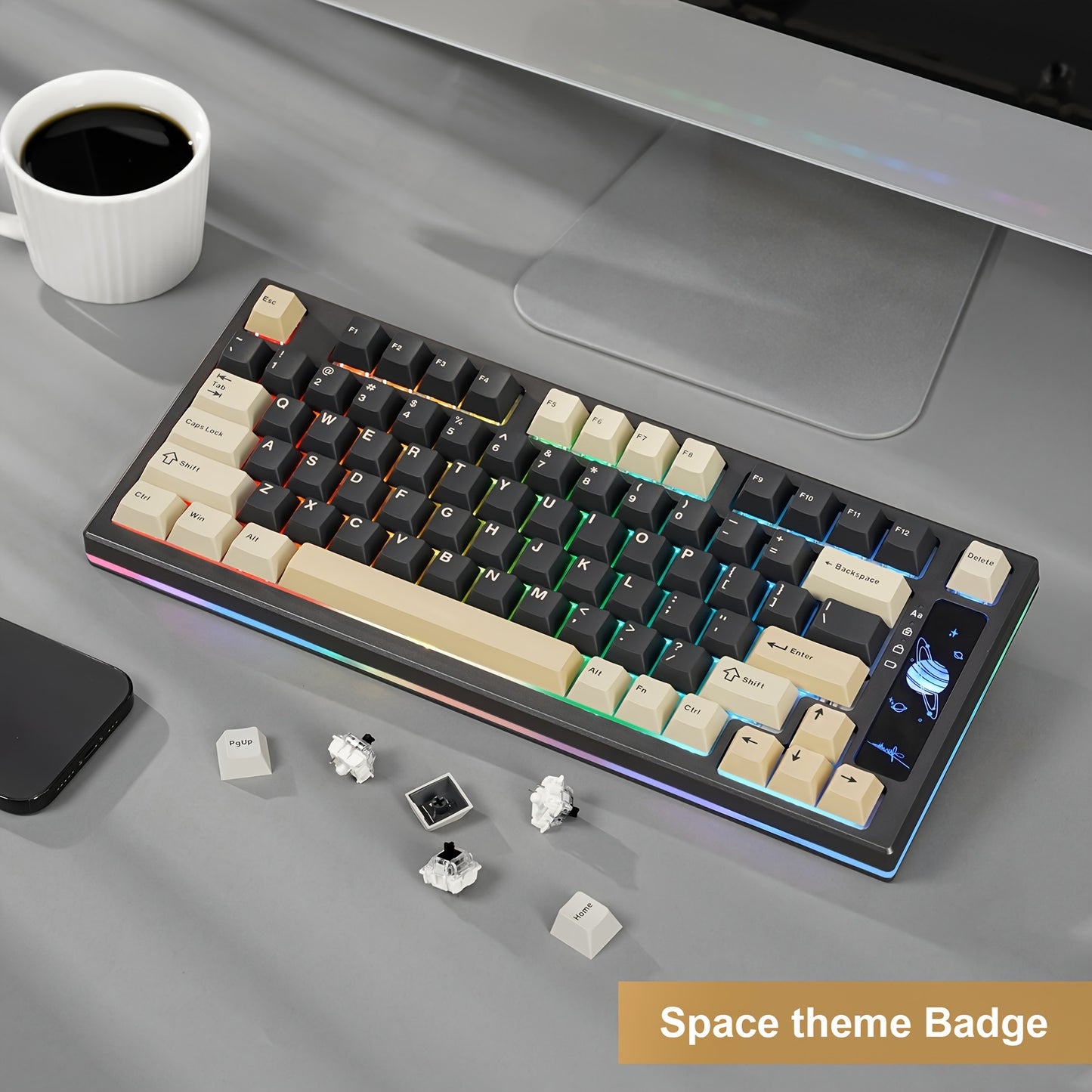 YUNZII YZ75 Black 75% Hot Swappable Wireless Gaming Mechanical Keyboard, RGB Backlights, BT5.0/2.4G/USB-C, Dye Sub PBT Keycaps For Linux/Win/Mac