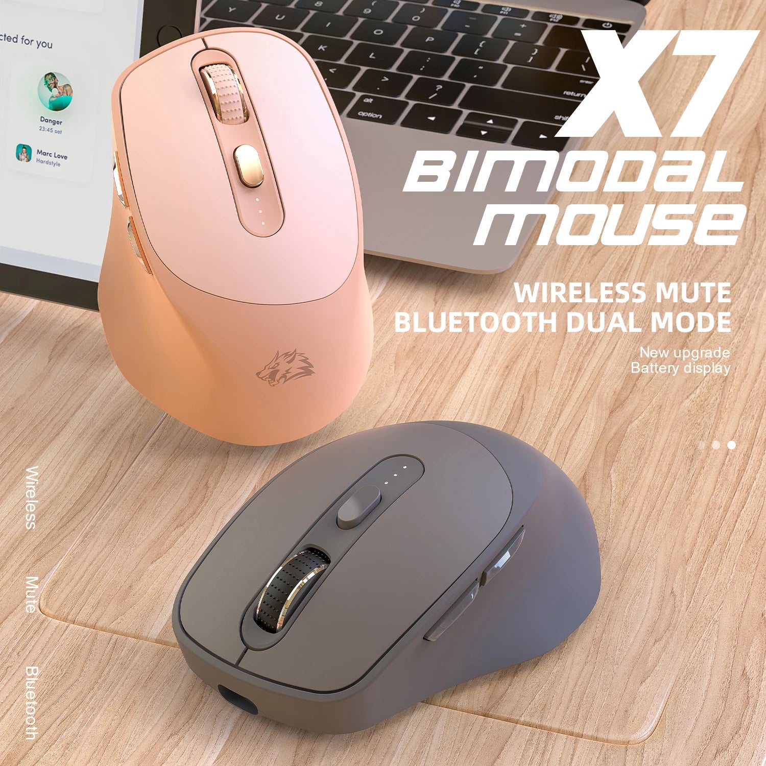 Wireless Mouse Pink Color Bluetooth Dual Mode Silent Design, Power Linght, 5-Speed DPI