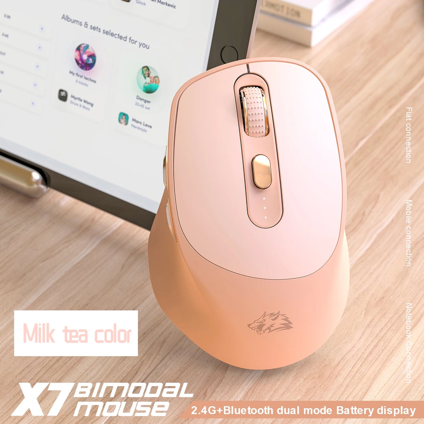 Wireless Mouse Pink Color Bluetooth Dual Mode Silent Design, Power Linght, 5-Speed DPI