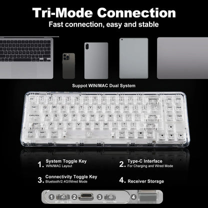YUNZII X71 68% Layout Wireless BT/2.4G/USB-C Gasket Hot-Swap Transparent RGB Mechanical Gaming Keyboard with Clear Keycaps