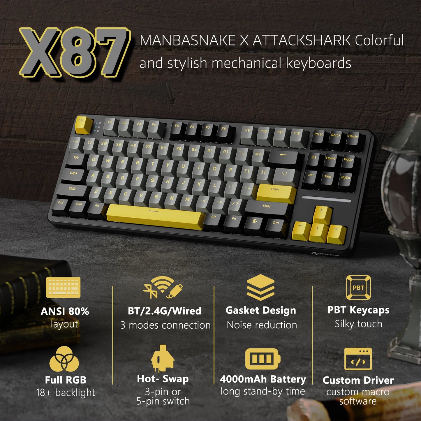 ATTACK SHARK X87 Wireless Mechanical Gaming Keyboard, Tri-Mode BT5.0/2.4GHz/USB-C Gasket Hot Swappable Keyboard