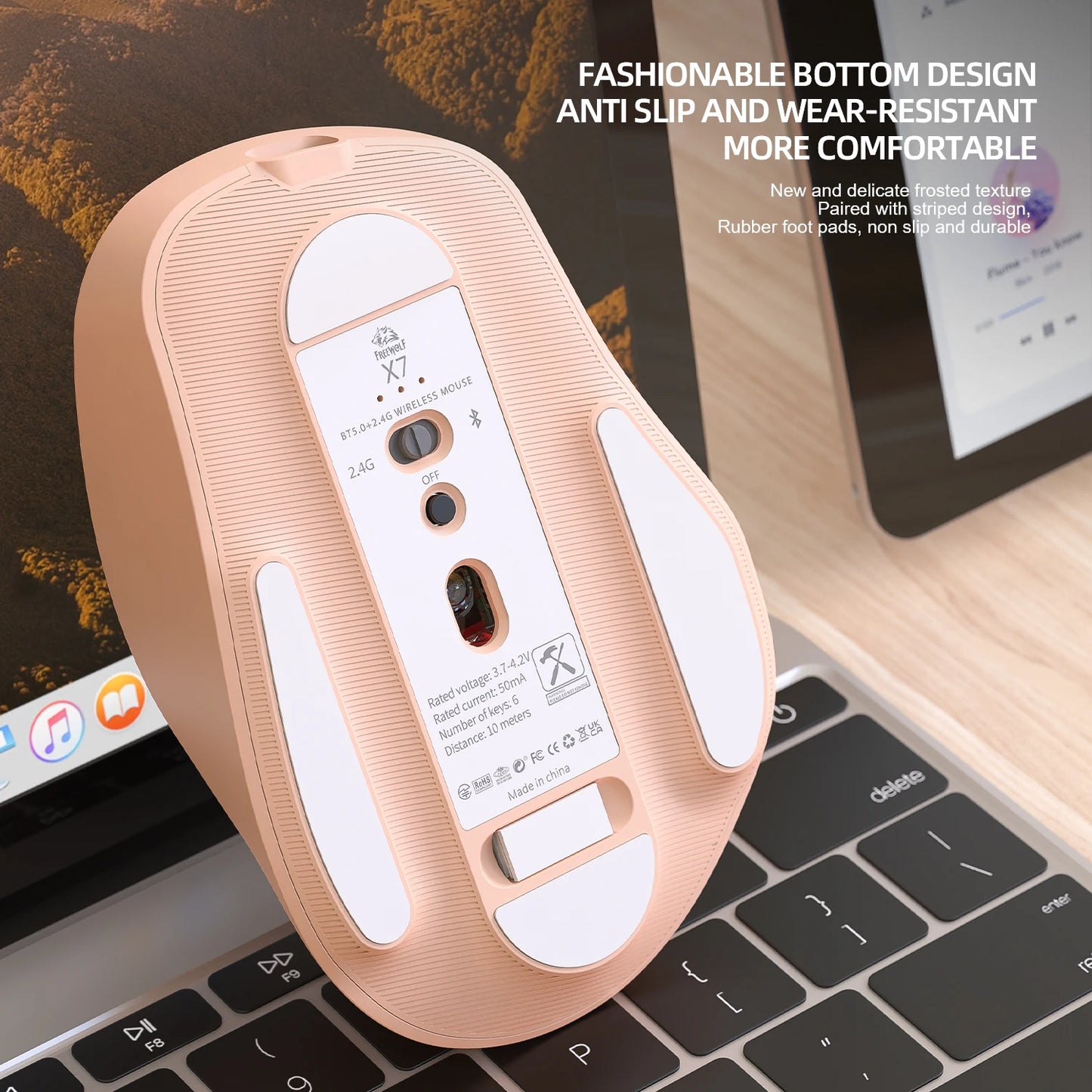 Wireless Mouse Pink Color Bluetooth Dual Mode Silent Design, Power Linght, 5-Speed DPI