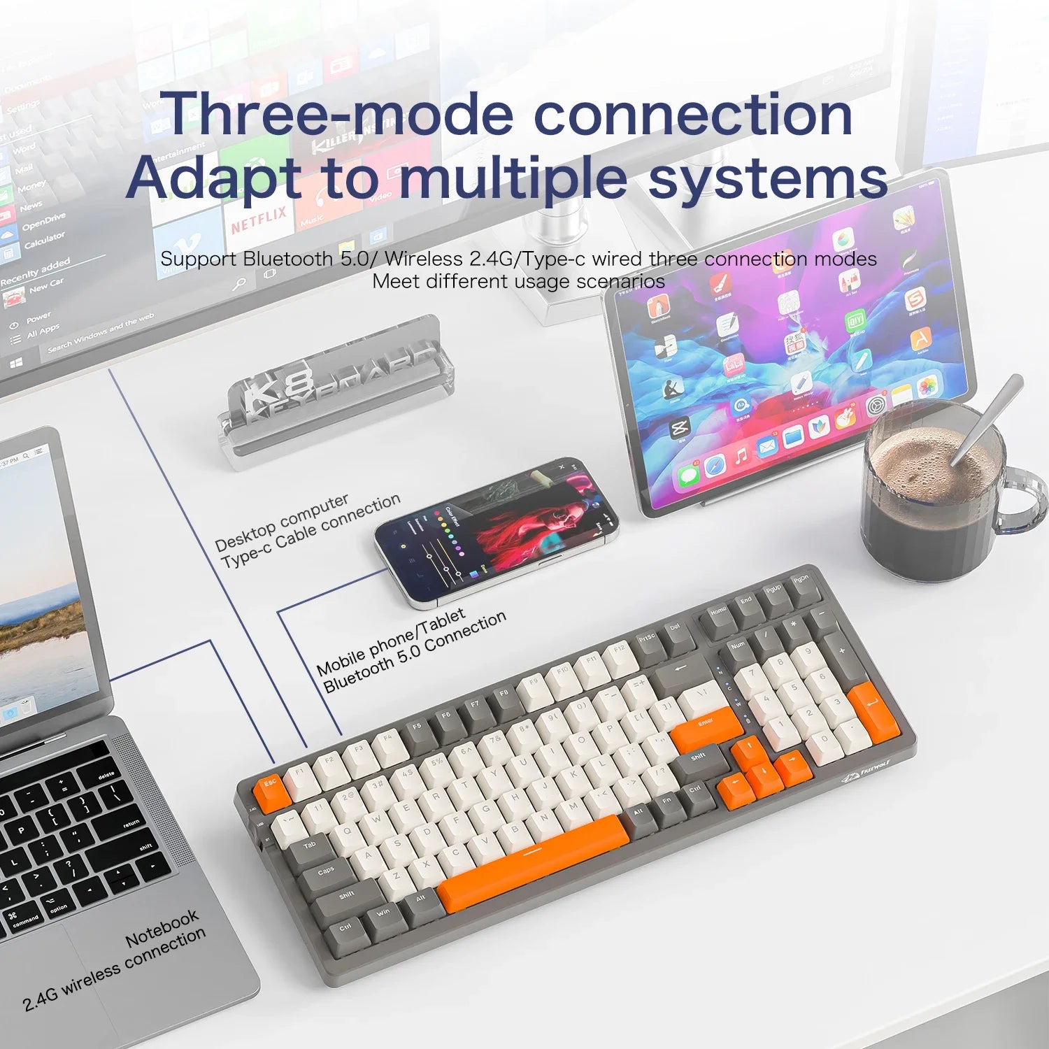 K8 100 Key Wireless Mechanical Keyboard Tri-Mode Connection,Full Key Hot Swap,Lighting Effects,Gasket Mount