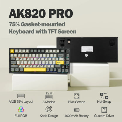 AJAZZ AK820 Pro 75% Gasket-Mounted Bluetooth 5.1/2.4G Wireless/Type-C Wired Mechanical Keyboard 