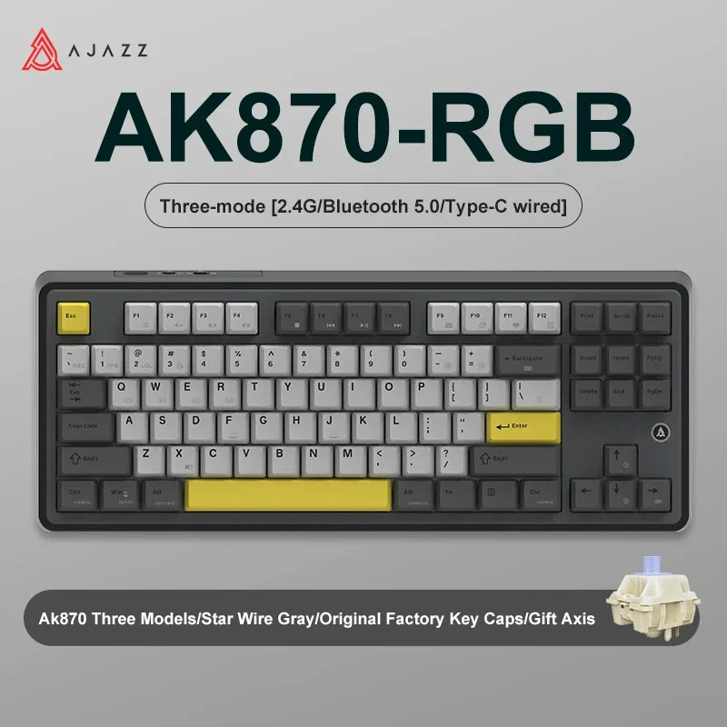 AJAZZ AK870 Tri-Mode RGB Bluetooth 2.4Ghz Wireless Gaming Mechanical Keyboard Hot Swappable 